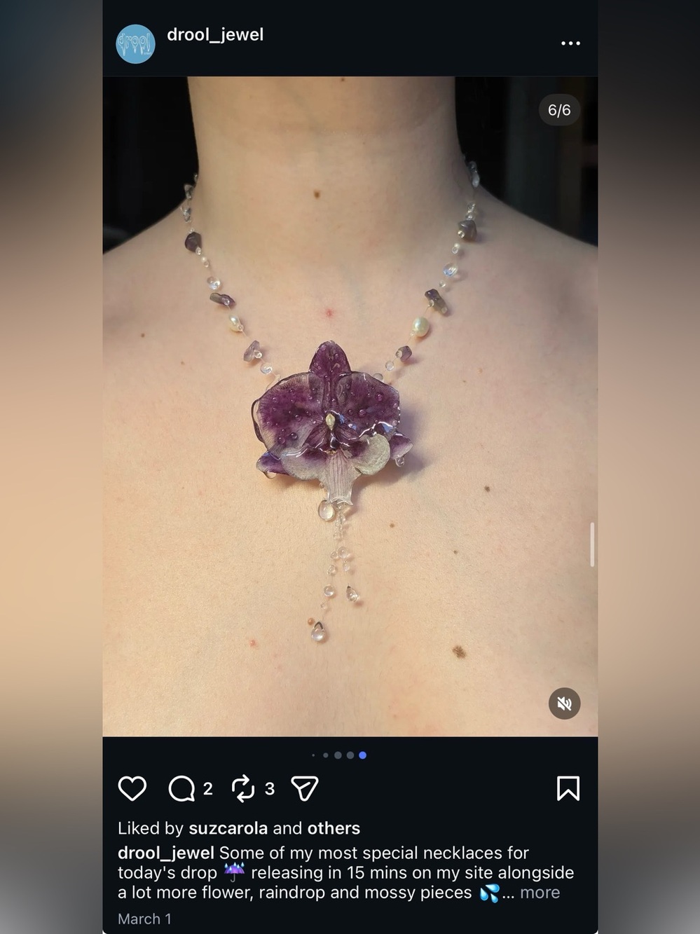 Drool Jewelry purple orchid raindrop necklace.